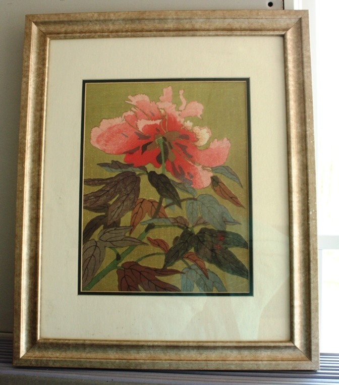 This 19" by 24" peony print will brighten up the green walls of the conservatory.