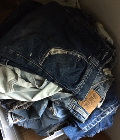 The jeans are washed and ready to be trimmed for our special shoe making project.